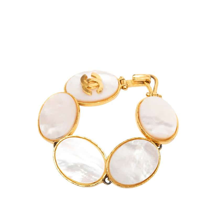 Chanel Gold Plated CC Mother of Pearl Cuff Bracelet Gold Metal Very good condition - Back View