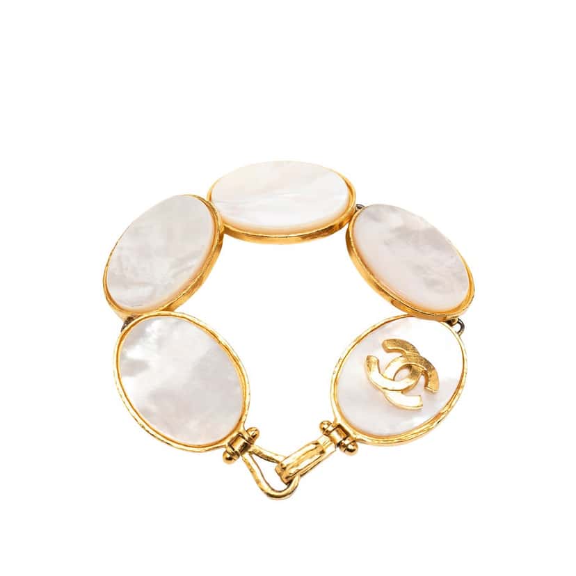 Chanel Gold Plated CC Mother of Pearl Cuff Bracelet Gold Metal Very good condition - Inside View