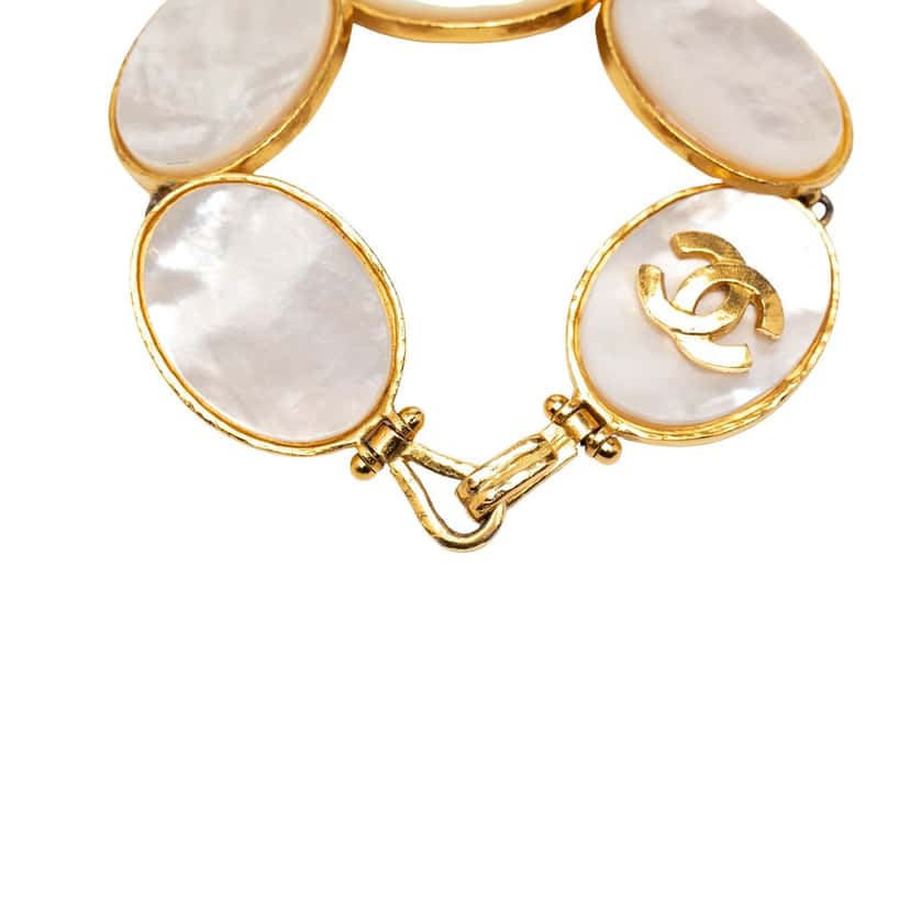 Chanel Gold Plated CC Mother of Pearl Cuff Bracelet Gold Metal Very good condition - Model View