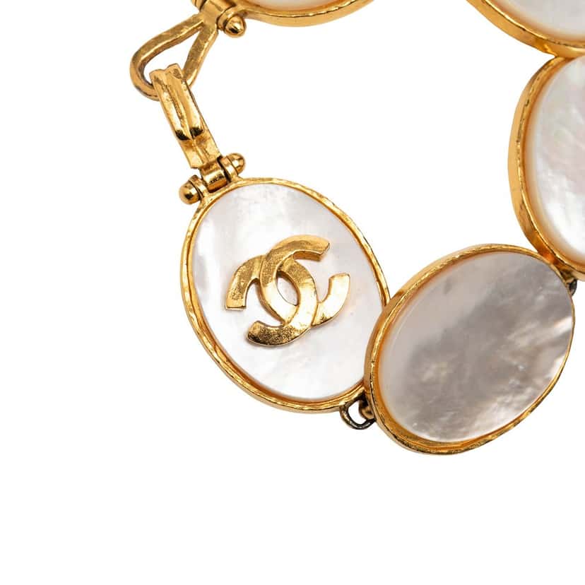 Chanel Gold Plated CC Mother of Pearl Cuff Bracelet Gold Metal Very good condition - Box View