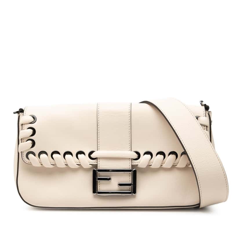 Fendi Whipstitch Leather Baguette Crossbody White Leather Very good condition - Front View
