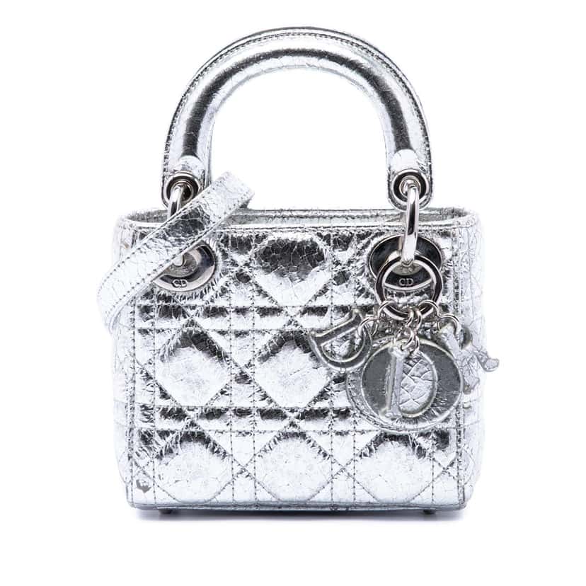 Dior Micro Metallic Crinkled Calfskin Cannage Lady Dior Silver Leather Very good condition - Front View
