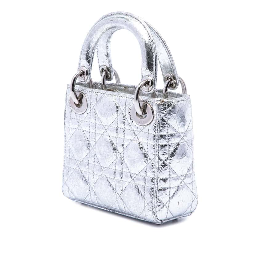 Dior Micro Metallic Crinkled Calfskin Cannage Lady Dior Silver Leather Very good condition - Back View