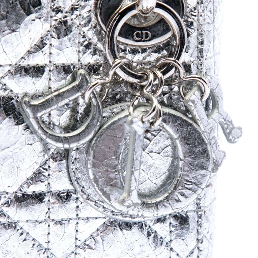 Dior Micro Metallic Crinkled Calfskin Cannage Lady Dior Silver Leather Very good condition - Box View