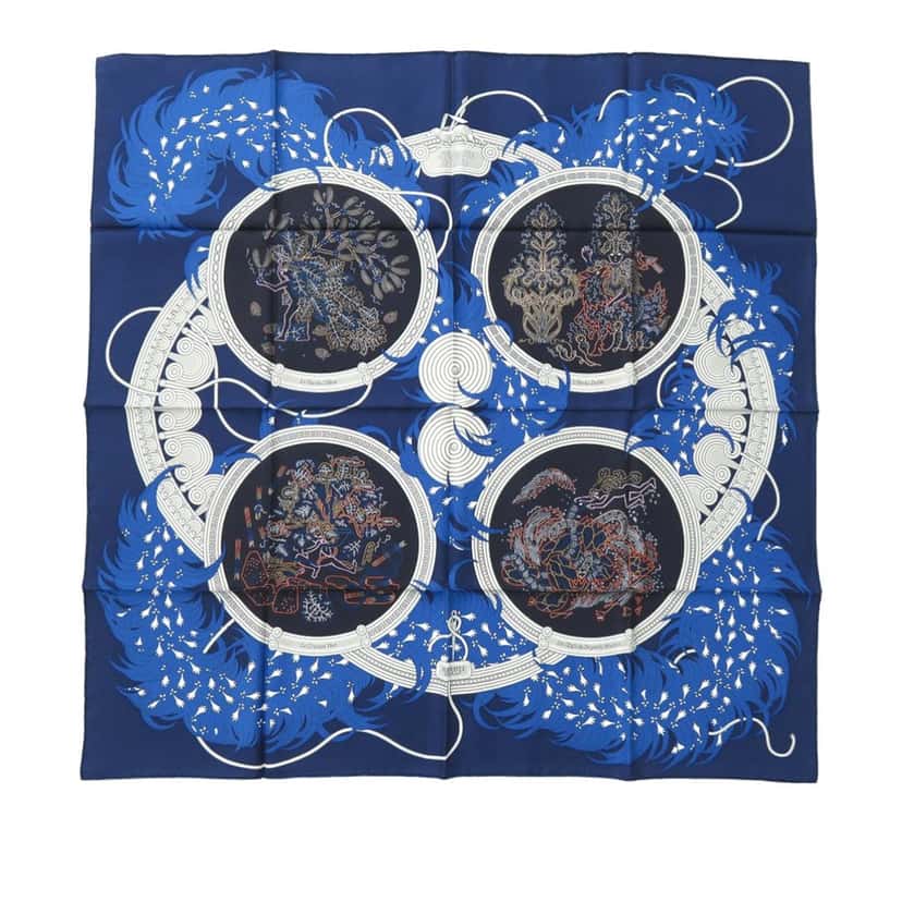 Hermès Legende Brodee Silk Scarf Blue Very good condition - Front View