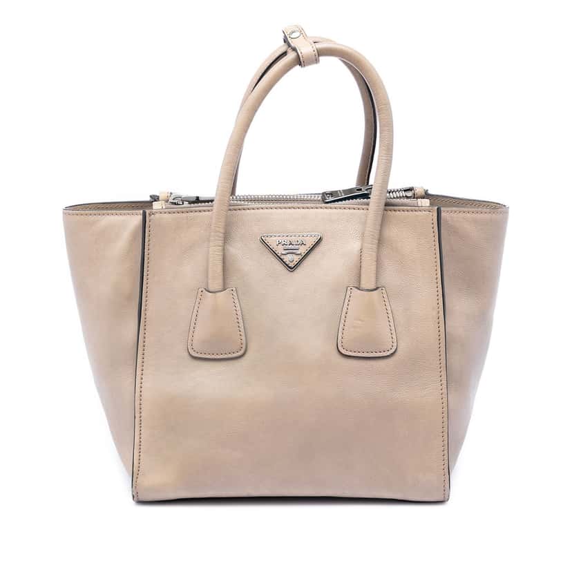 Prada Small Glace Calf Twin Pocket Satchel Beige Leather Very good condition - Front View