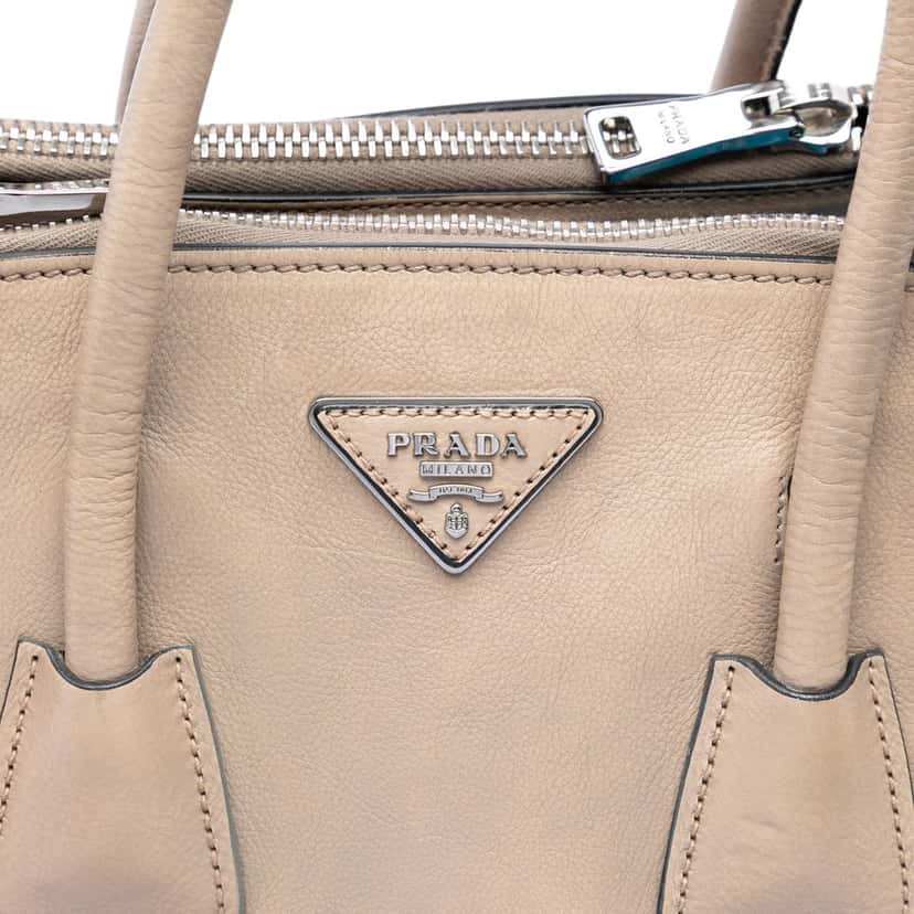 Prada Small Glace Calf Twin Pocket Satchel Beige Leather Very good condition - Box View