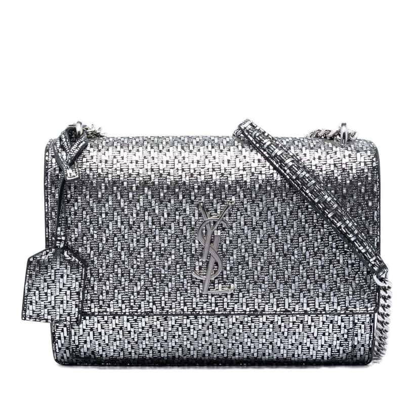 Saint Laurent Medium Metallic Woven Leather Monogram Sunset Crossbody Silver Leather Very good condition - Front View