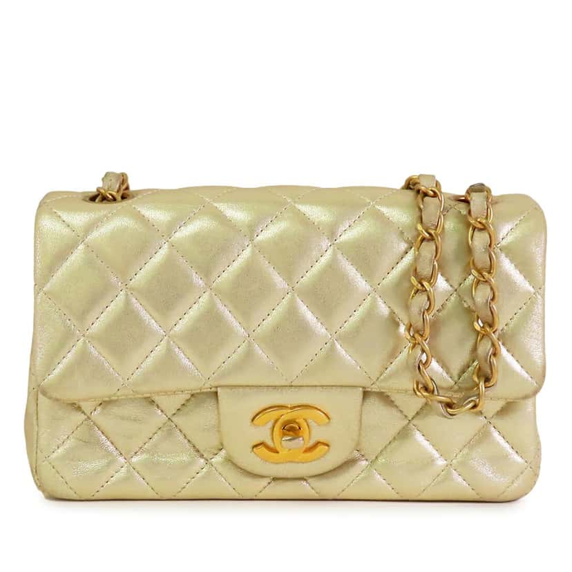 Chanel Mini Rectangular Classic Metallic Lambskin Single Flap Gold Leather Very good condition - Front View