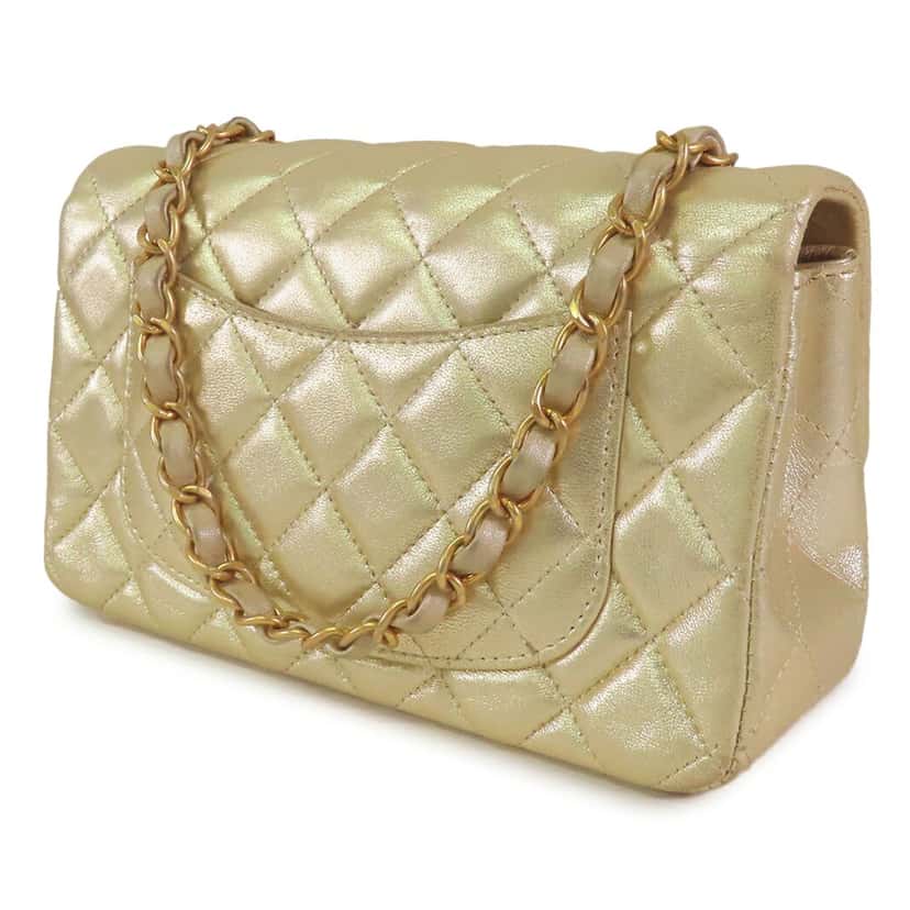 Chanel Mini Rectangular Classic Metallic Lambskin Single Flap Gold Leather Very good condition - Back View