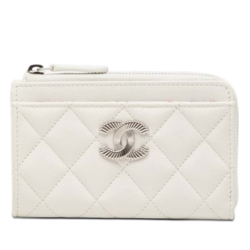 Chanel CC Quilted Caviar Zip Around Coin and Card Holder White Leather Very good condition - Front View
