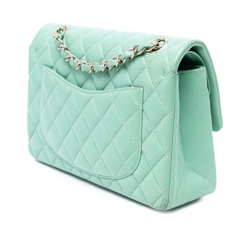 Chanel Small Classic Lambskin Double Flap Green Leather Very good condition - Back View