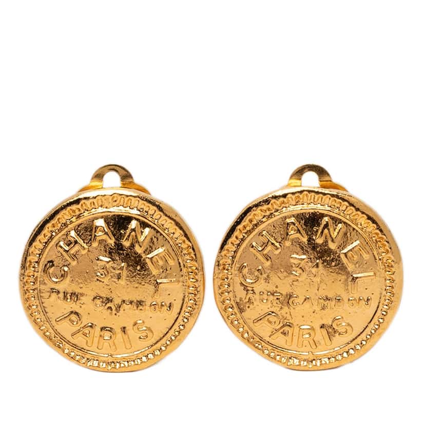 Chanel Gold Plated 31 Rue Cambon Round Clip on Earrings Gold Metal Very good condition - Front View