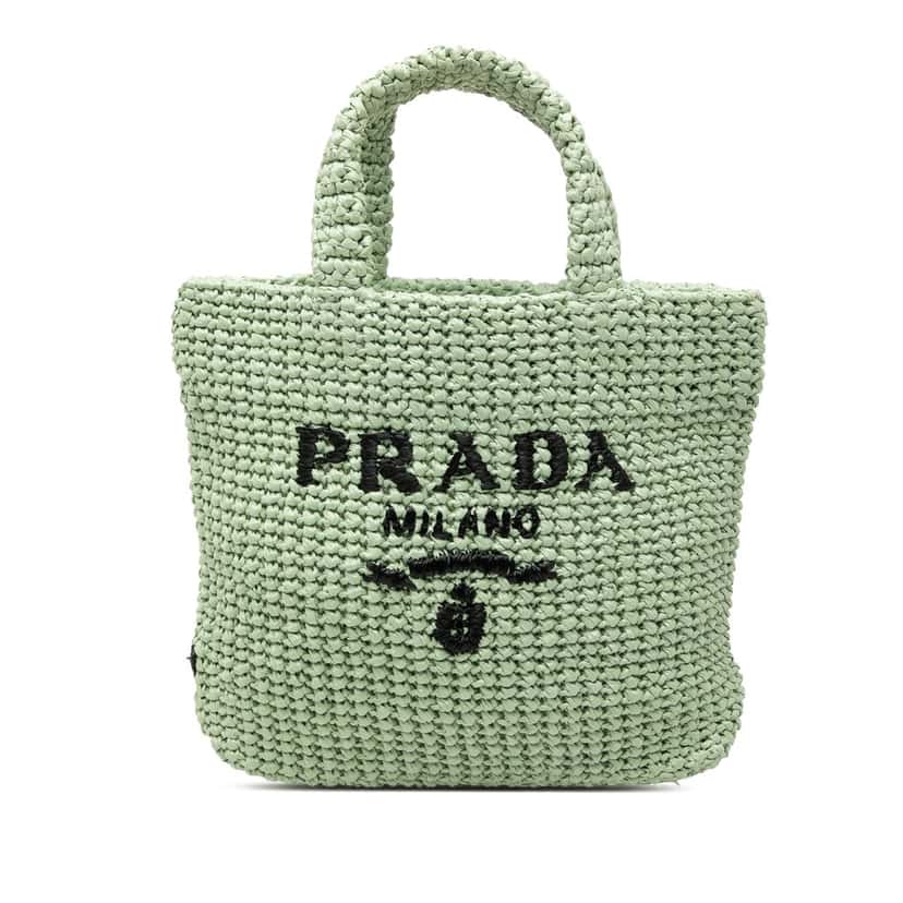Prada Small Raffia Effect Crochet Embroidered Logo Tote Green Very good condition - Front View