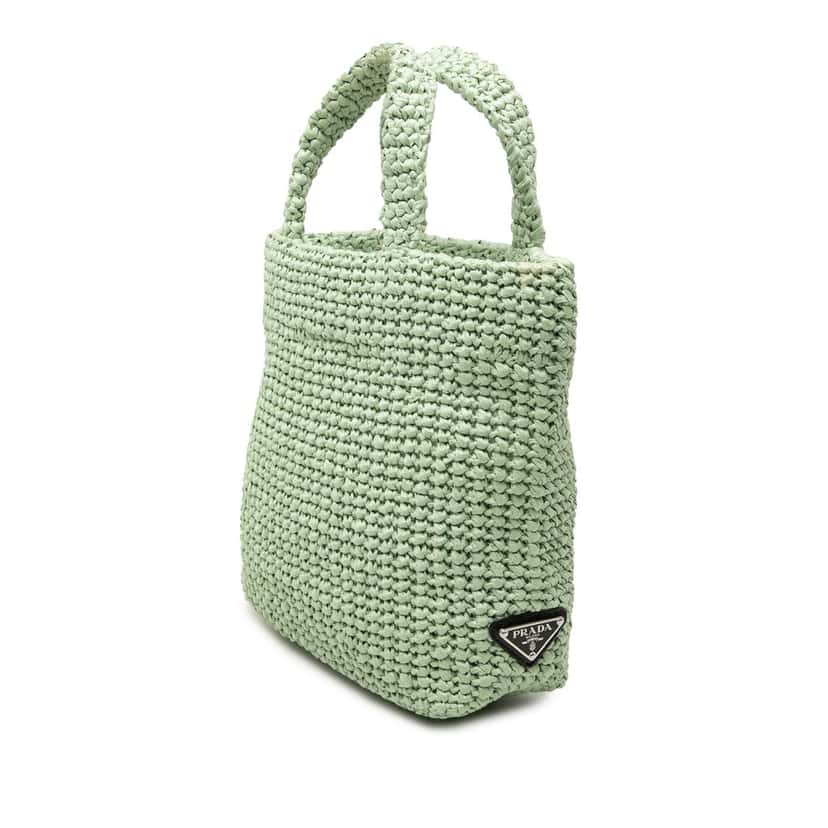 Prada Small Raffia Effect Crochet Embroidered Logo Tote Green Very good condition - Back View