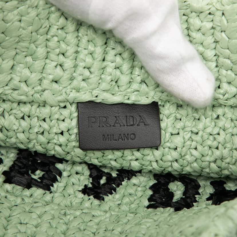 Prada Small Raffia Effect Crochet Embroidered Logo Tote Green Very good condition - Box View