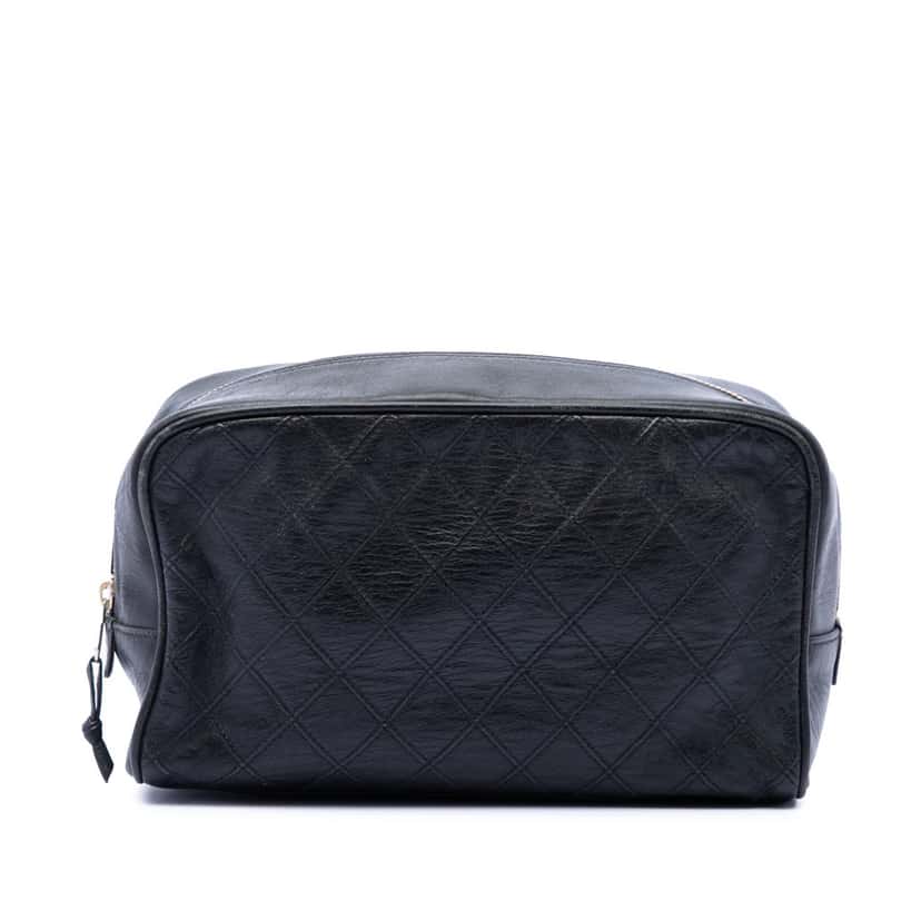 Chanel Quilted Lambskin Cosmetic Pouch Black Leather Very good condition - Front View