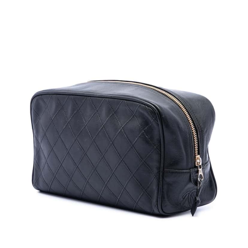 Chanel Quilted Lambskin Cosmetic Pouch Black Leather Very good condition - Back View