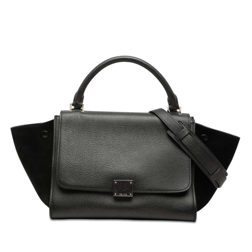 Celine Small Drummed Calfskin and Suede Trapeze Satchel Black Leather Very good condition - Front View