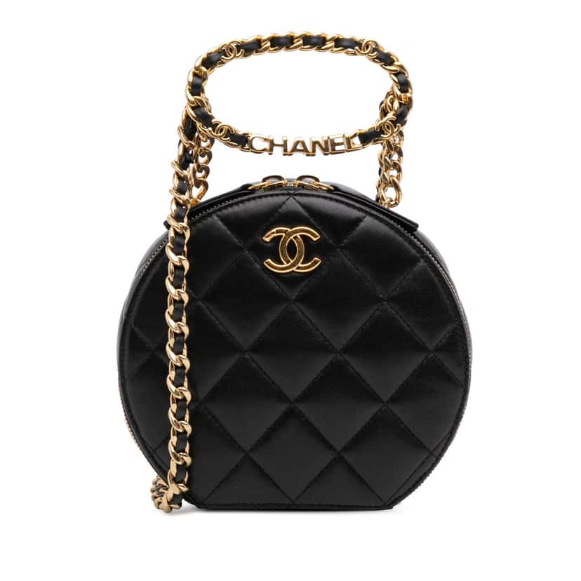 Chanel Quilted Lambskin Oval Logo Chain Top Handle Round Clutch on Chain Black Leather Very good condition - Front View