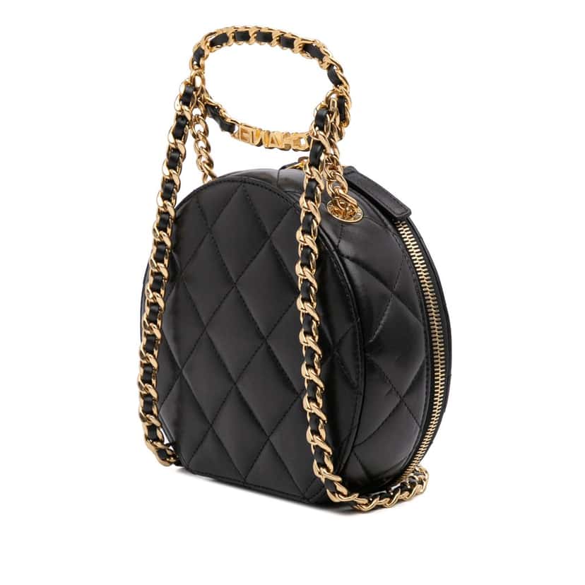 Chanel Quilted Lambskin Oval Logo Chain Top Handle Round Clutch on Chain Black Leather Very good condition - Back View
