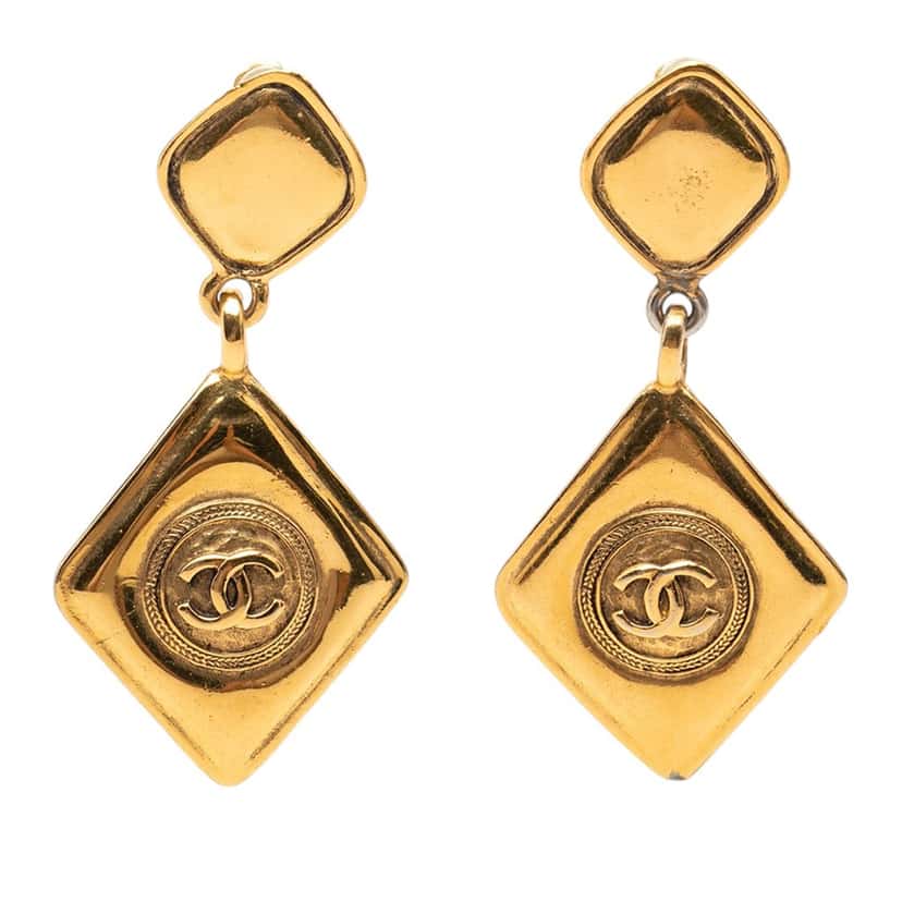 Chanel CC Gold Plated Diamond Drop Clip On Earrings Gold Metal Very good condition - Front View