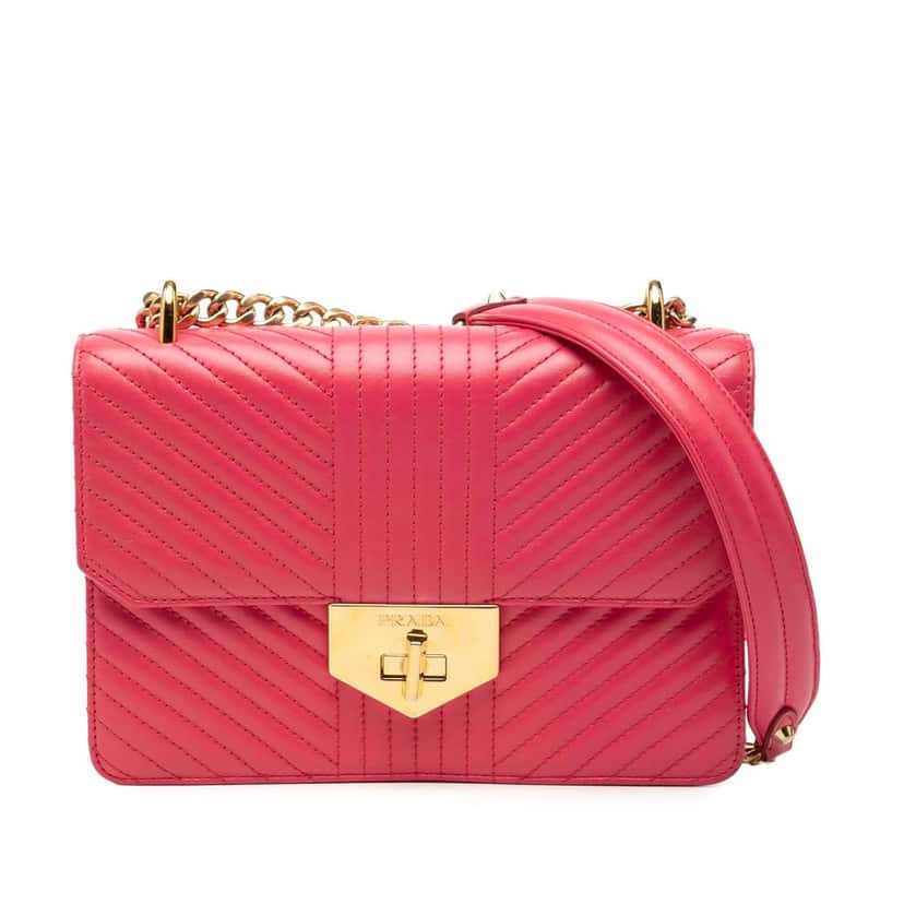 Prada Soft Calf Chevron Impunture Turn Lock Chain Crossbody Pink Leather Very good condition - Front View
