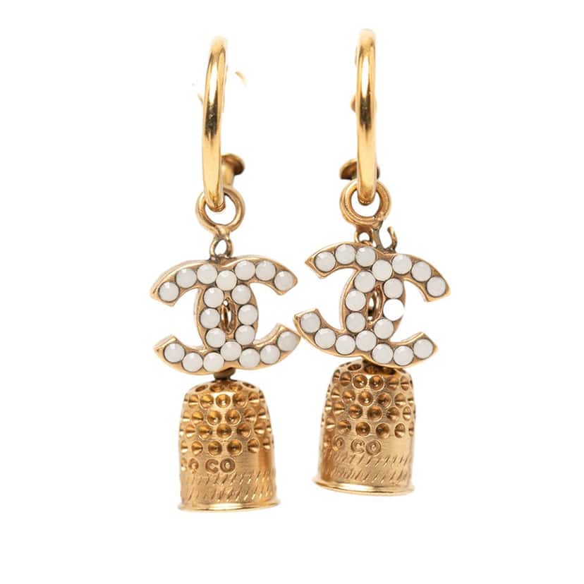 Chanel Gold Plated Enamel CC Bell Drop Push Back Earrings Gold Metal Very good condition - Front View