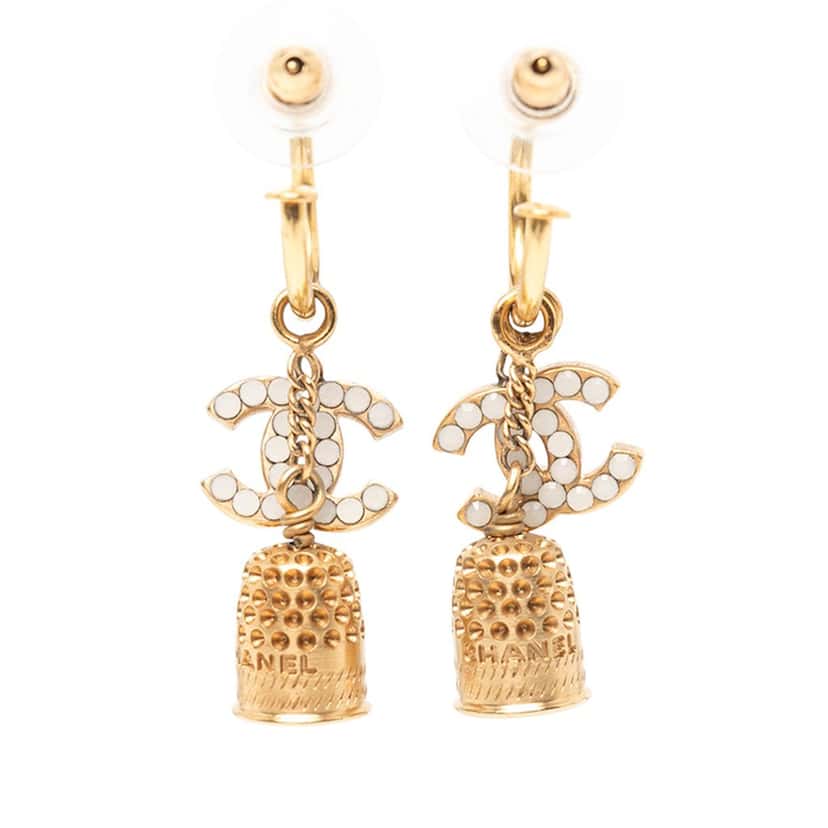 Chanel Gold Plated Enamel CC Bell Drop Push Back Earrings Gold Metal Very good condition - Back View