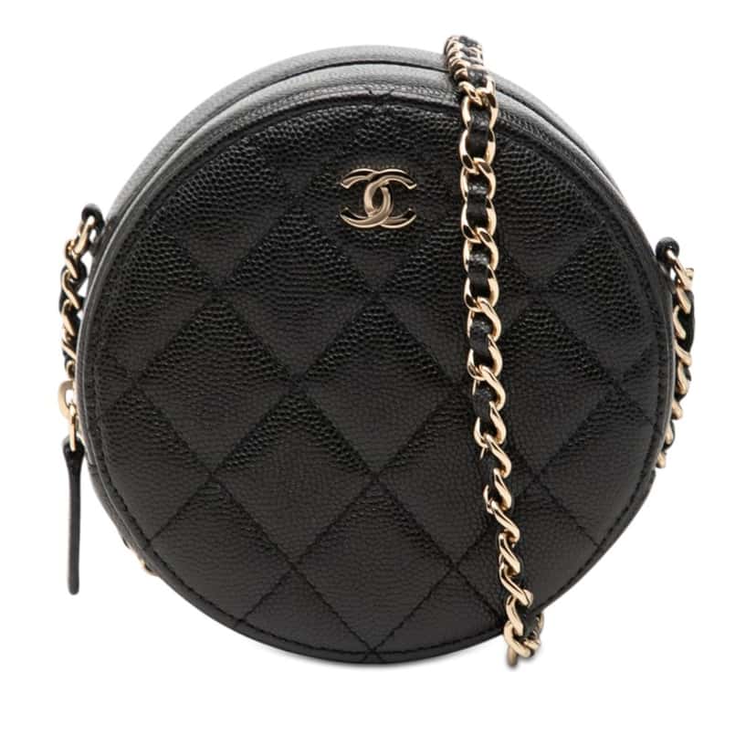 Chanel CC Quilted Caviar Round Clutch With Chain Black Leather Very good condition - Front View