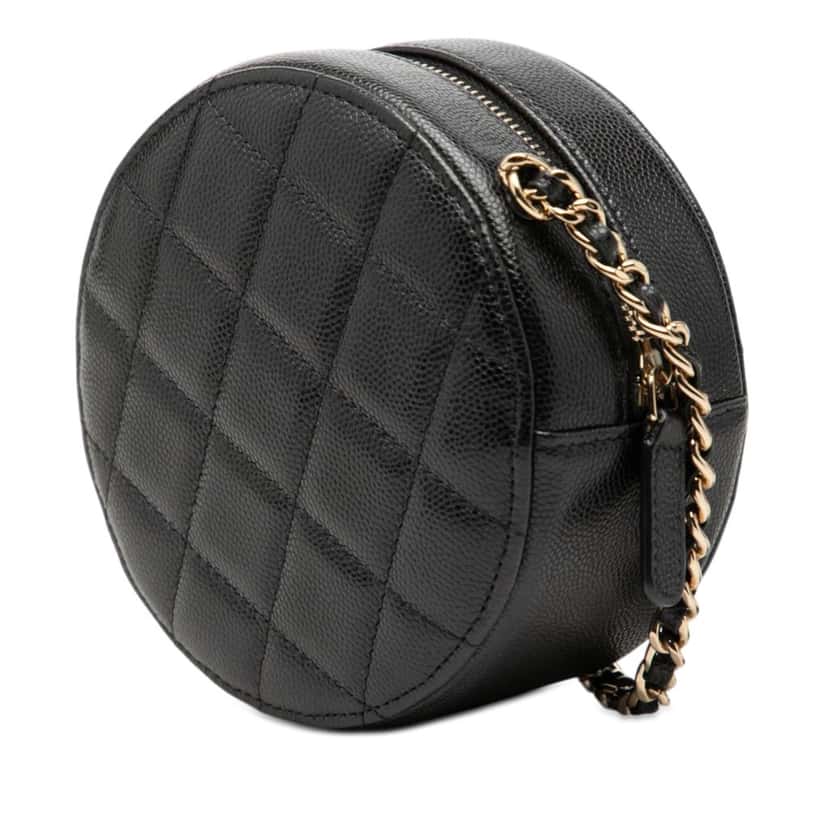 Chanel CC Quilted Caviar Round Clutch With Chain Black Leather Very good condition - Back View