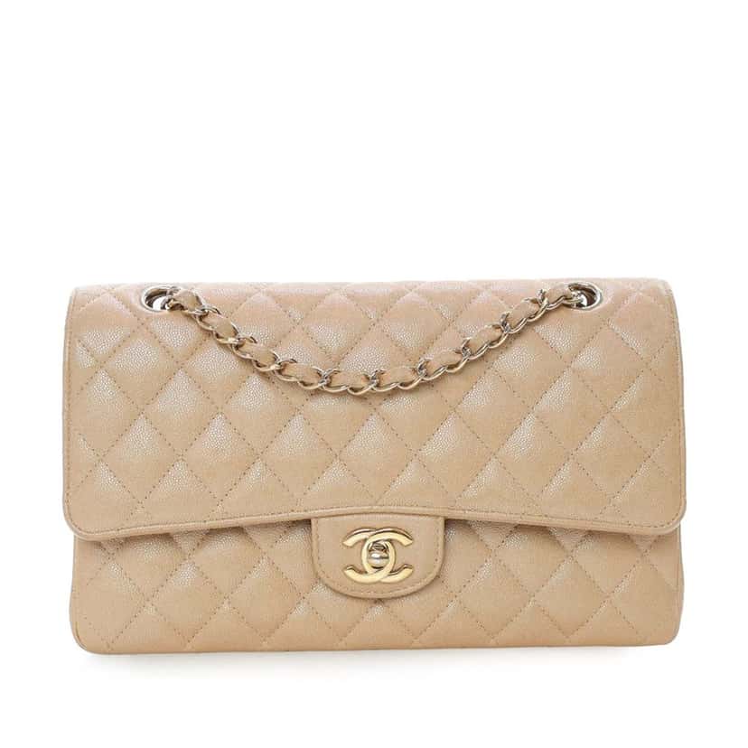 Chanel Medium Classic Iridescent Caviar Double Flap Beige Leather Very good condition - Front View