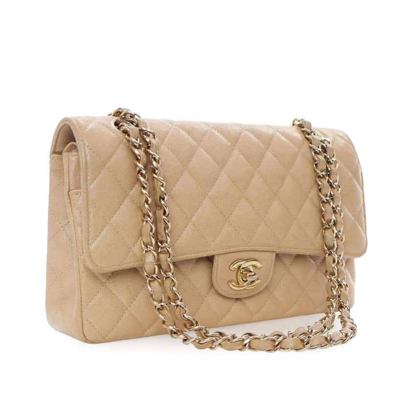 Chanel Medium Classic Iridescent Caviar Double Flap Beige Leather Very good condition - Back View