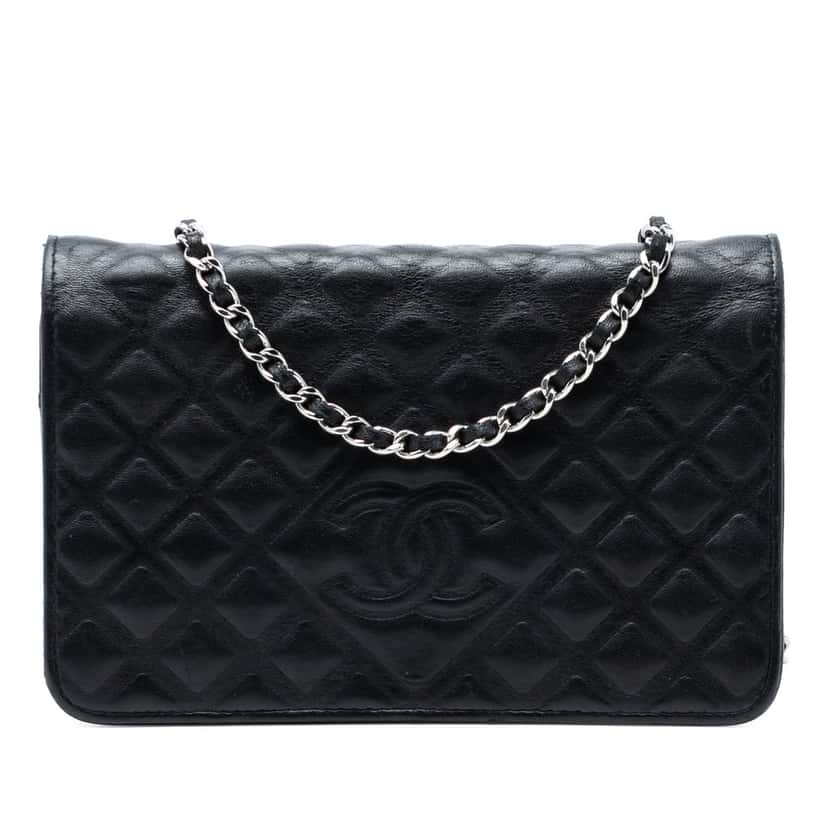 Chanel CC Embossed Lambskin Diamond Wallet On Chain Black Leather Very good condition - Front View