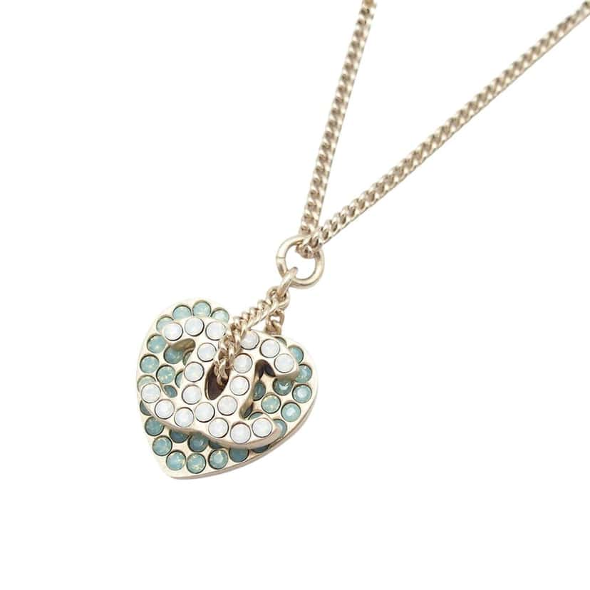 Chanel Gold Plated Rhinestone CC Logo and Heart Pendant Necklace Gold Metal Very good condition - Back View