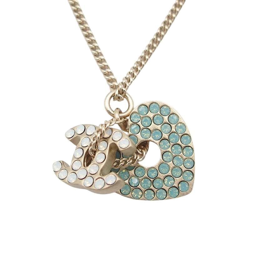 Chanel Gold Plated Rhinestone CC Logo and Heart Pendant Necklace Gold Metal Very good condition - Inside View