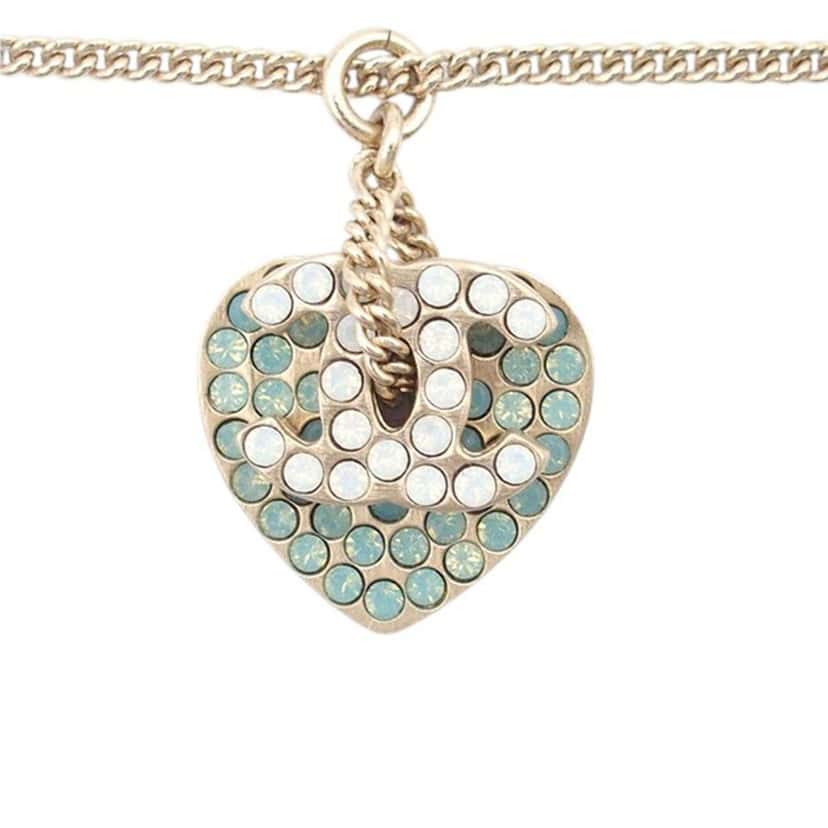 Chanel Gold Plated Rhinestone CC Logo and Heart Pendant Necklace Gold Metal Very good condition - Box View