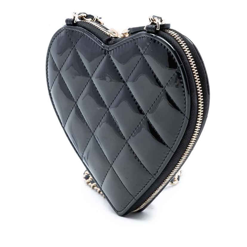 Chanel Quilted Patent Duo Heart Clutch with Chain Black Leather Very good condition - Back View