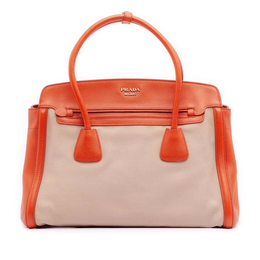 Prada Bicolor Saffiano Cuir Trimmed Canvas Satchel Beige Very good condition - Front View