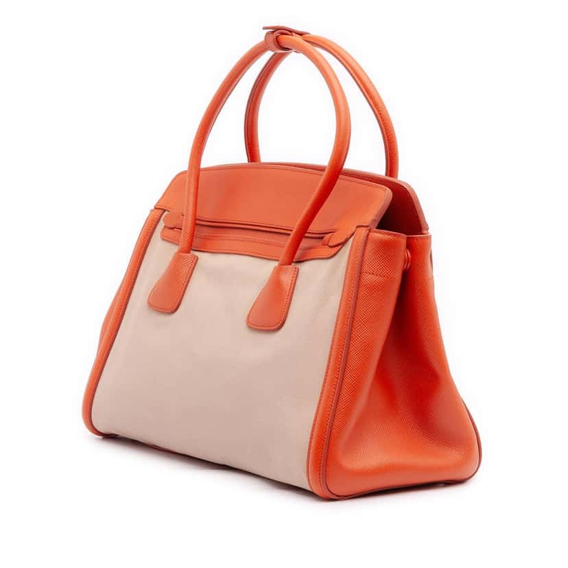 Prada Bicolor Saffiano Cuir Trimmed Canvas Satchel Beige Very good condition - Back View