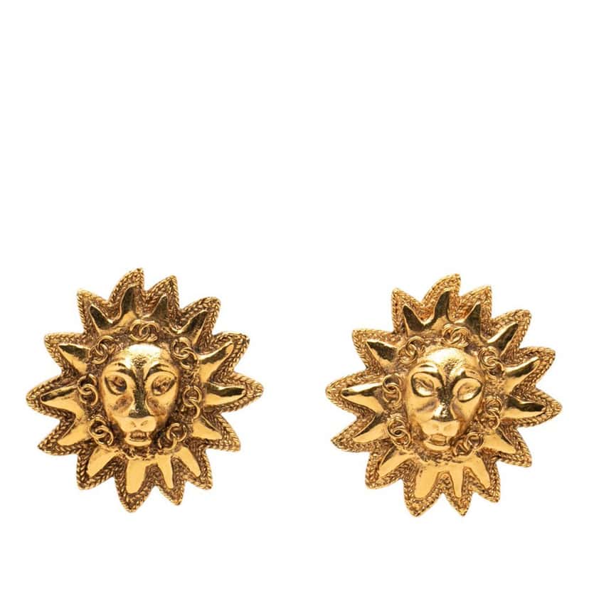 Chanel CC Gold Plated Lion Sunburst Clip on Earrings Gold Metal Very good condition - Front View