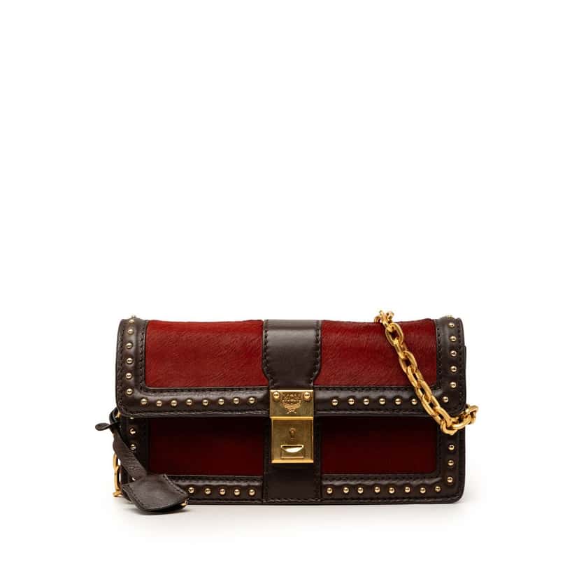 MCM Studded Leather and Ponyhair Shoulder Bag Red Very good condition - Front View