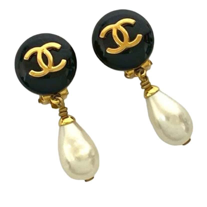 Chanel CC Gold Plated Resin and Faux Pearl Drop Clip On Earrings Gold Metal Very good condition - Front View