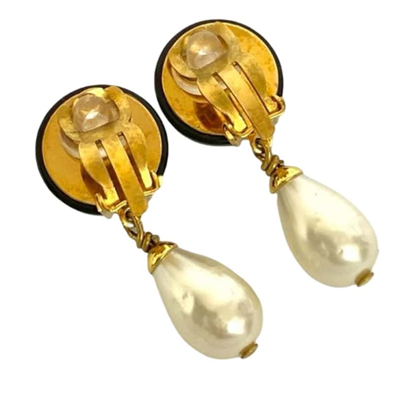 Chanel CC Gold Plated Resin and Faux Pearl Drop Clip On Earrings Gold Metal Very good condition - Back View