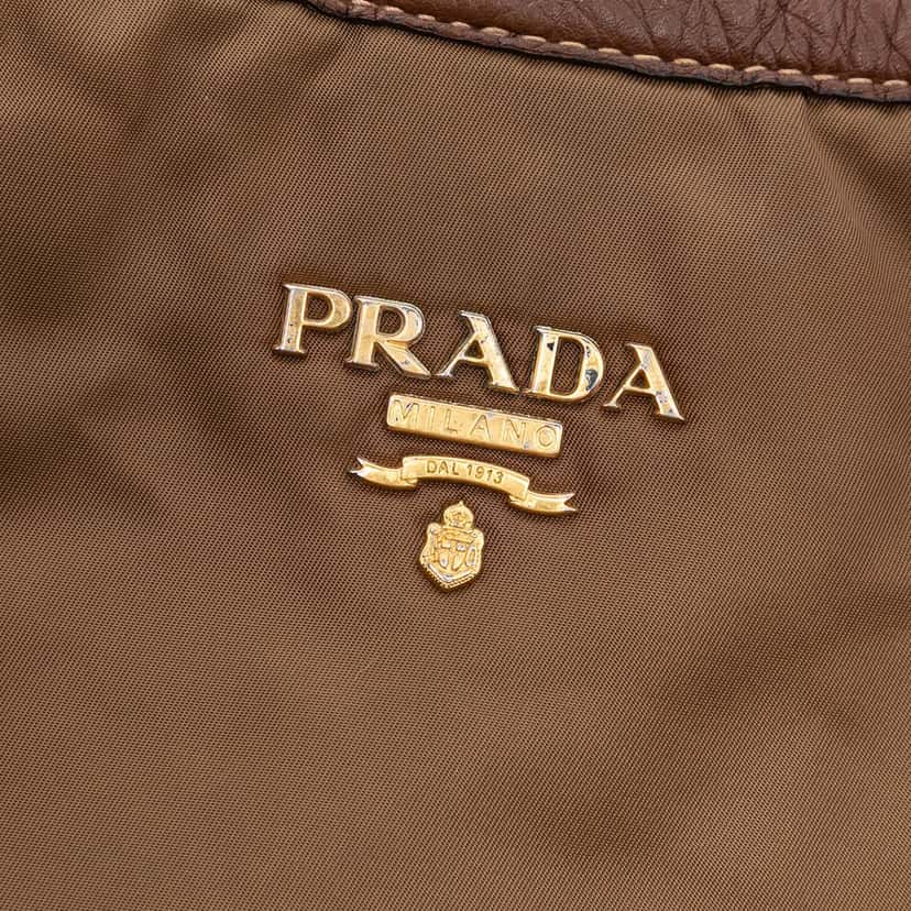 Prada Vitello Daino Trimmed Tessuto Satchel Brown Very good condition - Box View