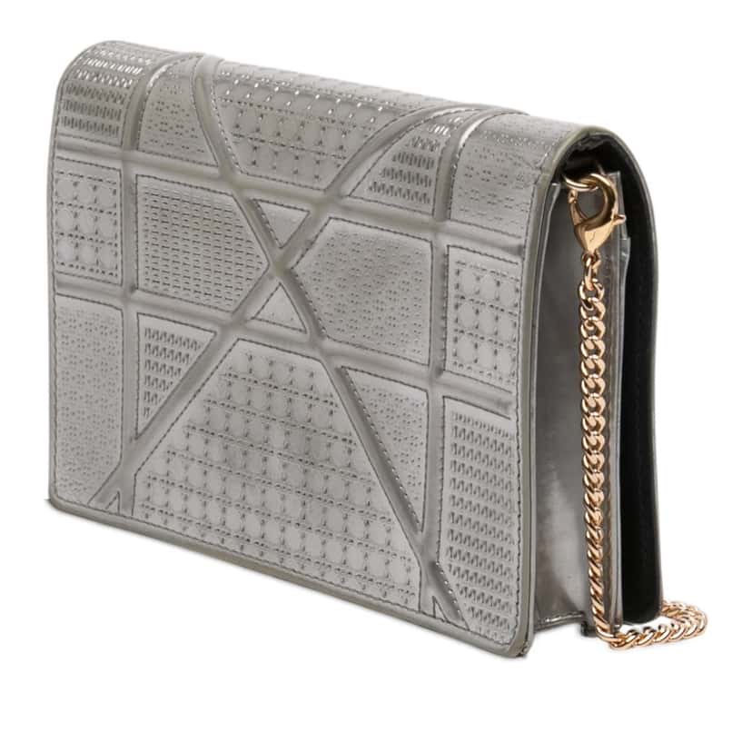 Dior Metallic Patent Microcannage Diorama Wallet on Chain Silver Leather Very good condition - Back View