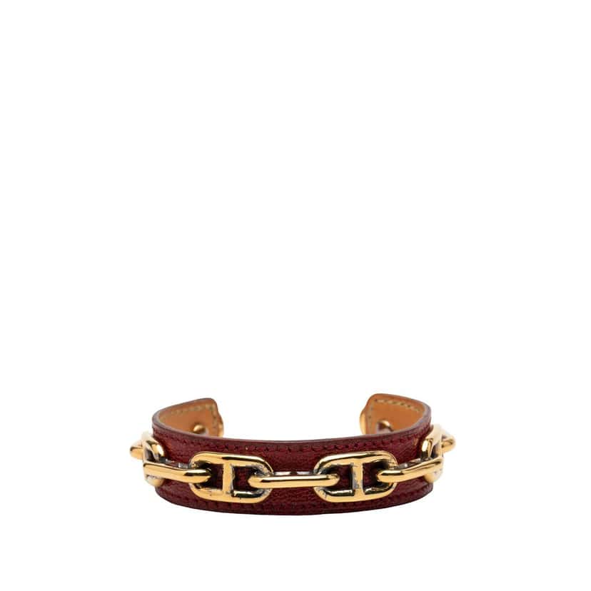 Hermès Leather and Gold Plated Chaine d Ancre Cuff Bracelet Red Leather Good condition - Front View