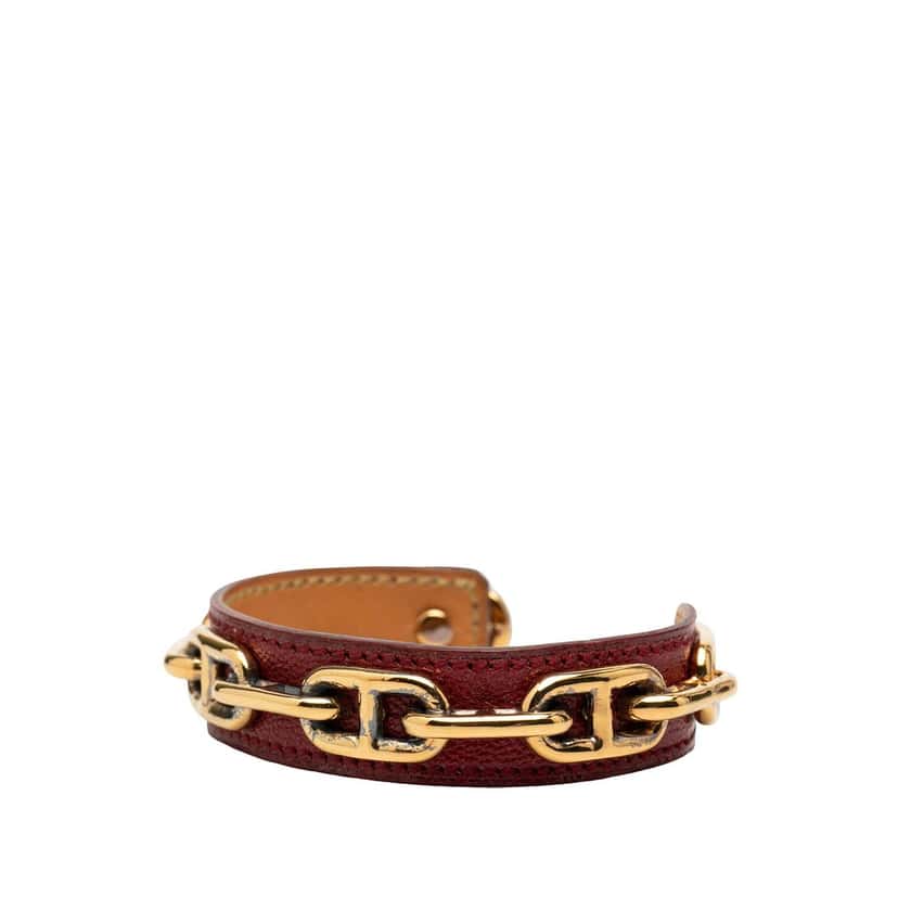 Hermès Leather and Gold Plated Chaine d Ancre Cuff Bracelet Red Leather Good condition - Back View