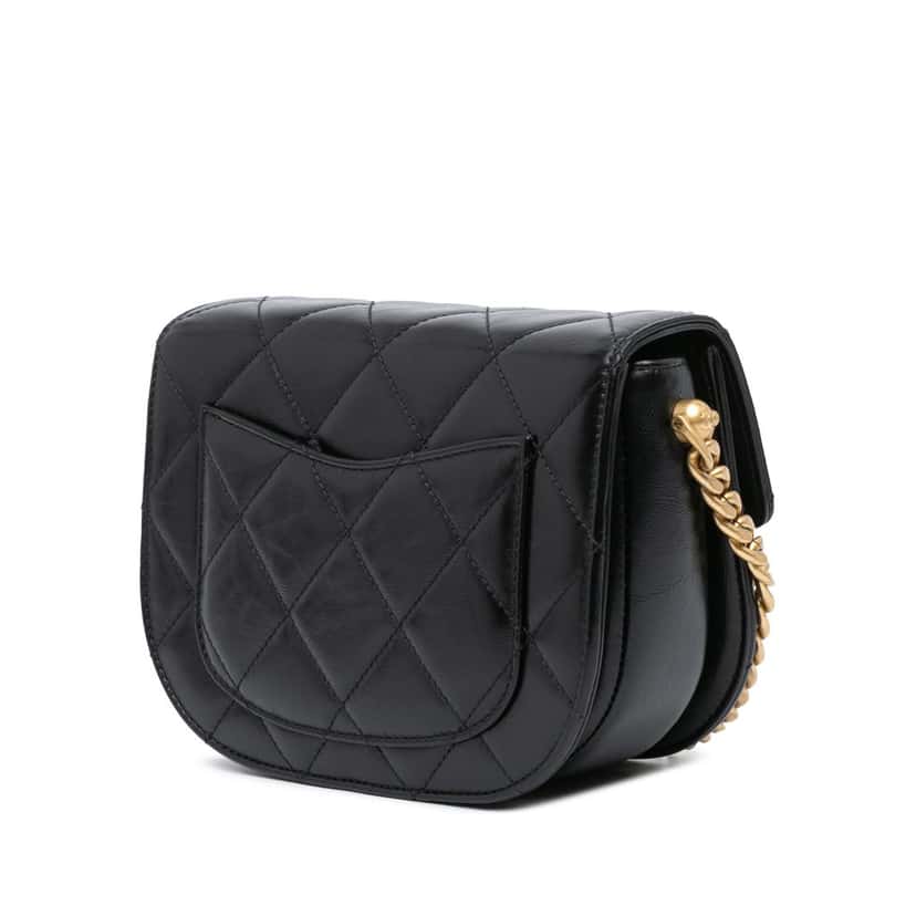 Chanel CC Quilted Calfskin Round Moon Messenger Flap Black Leather Very good condition - Back View