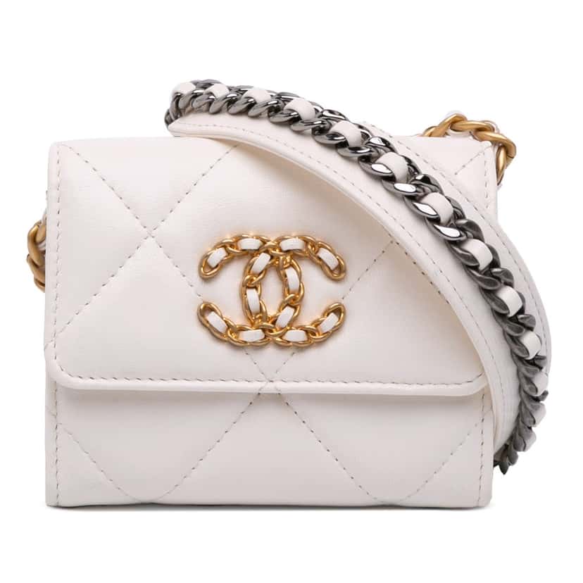 Chanel Quilted Lambskin Chanel 19 Card Holder On Chain White Leather Very good condition - Front View
